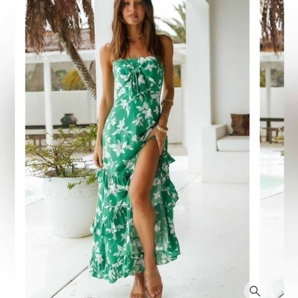 Here Comes the Sun Green  Floral Tiered Ruffles Mermaid Maxi Gown Dress L NWT